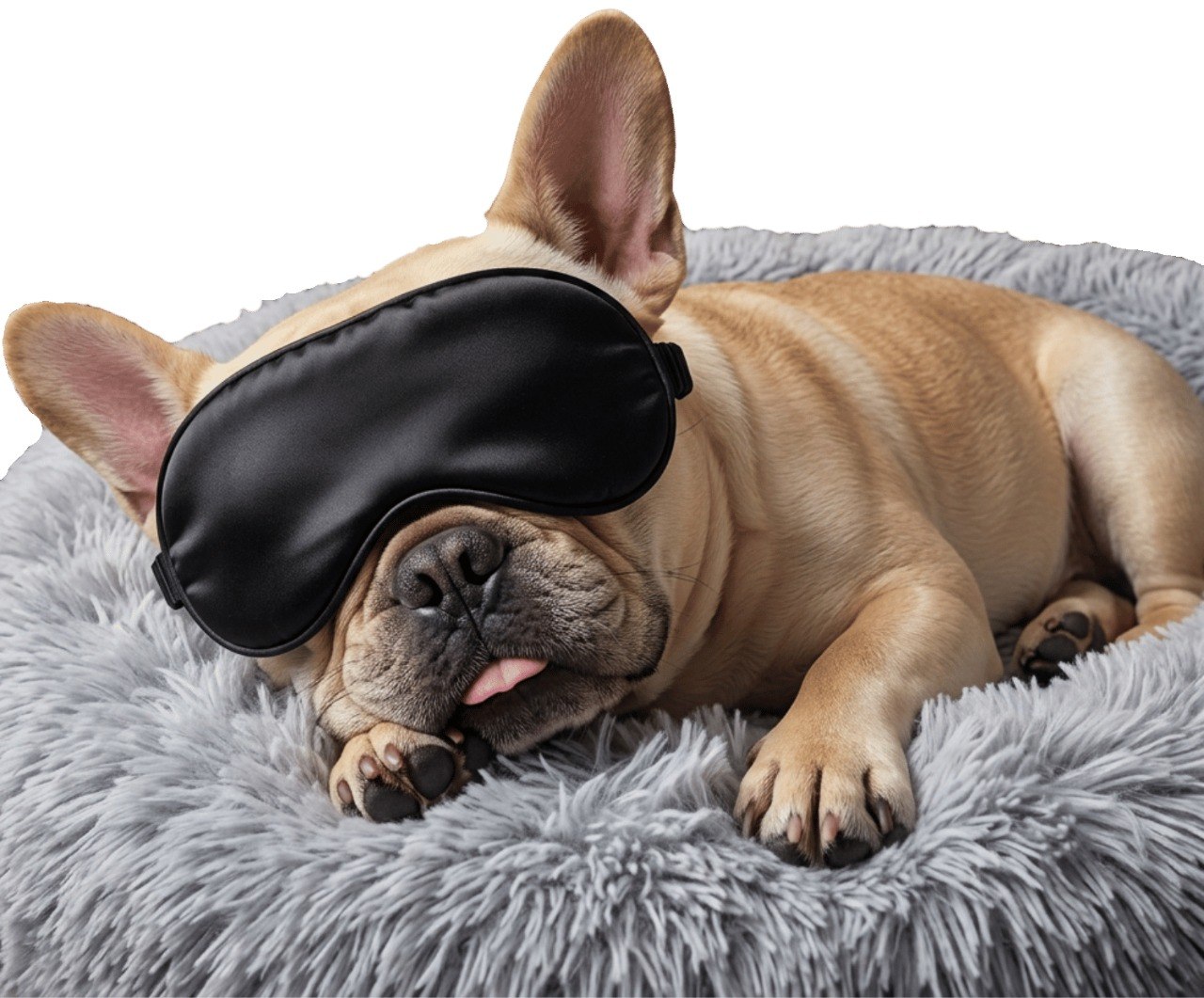 Fifi the French Bulldog napping at a desk as the self-appointed CEO of Sleep