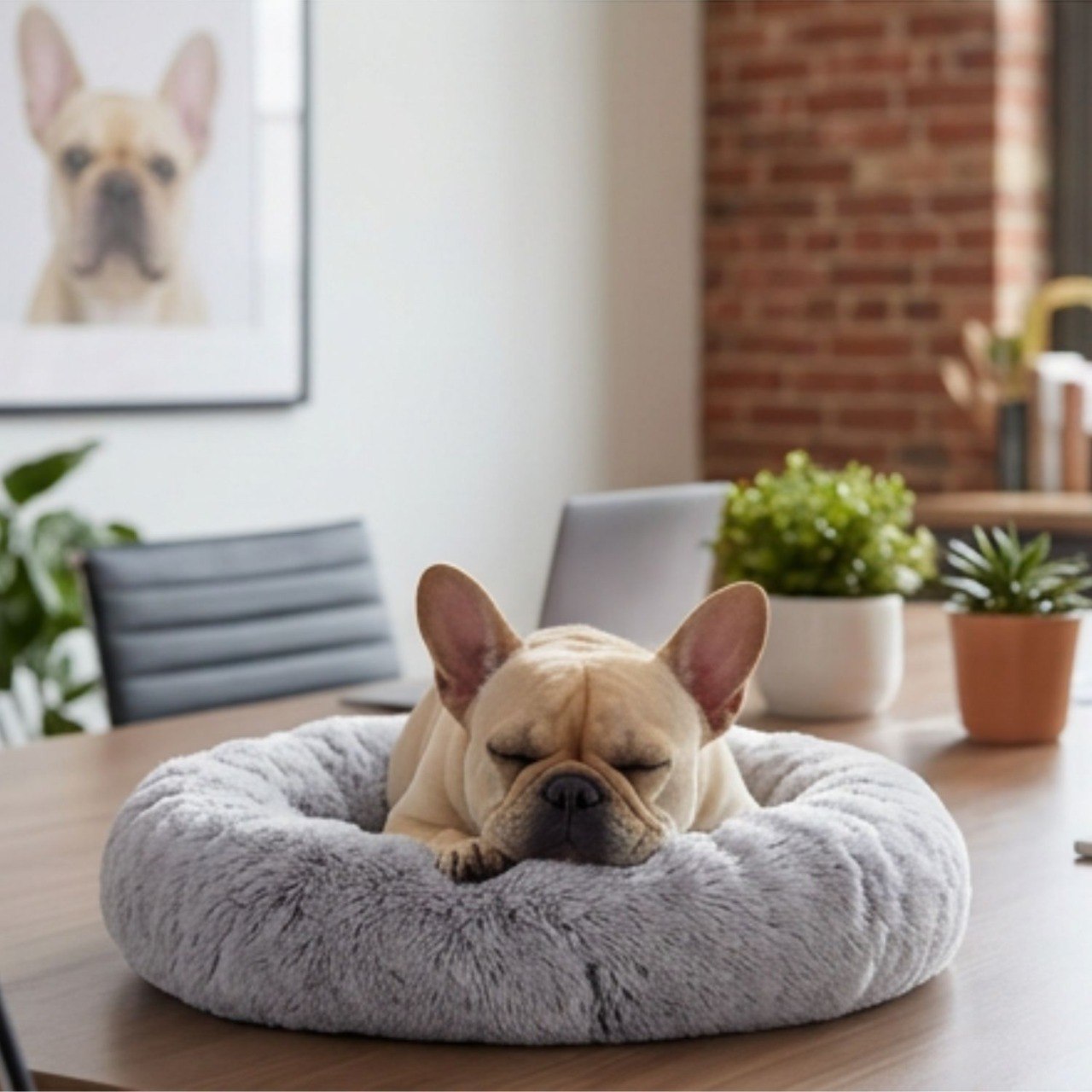 Fifi the French Bulldog asleep in an office chair during a team meeting